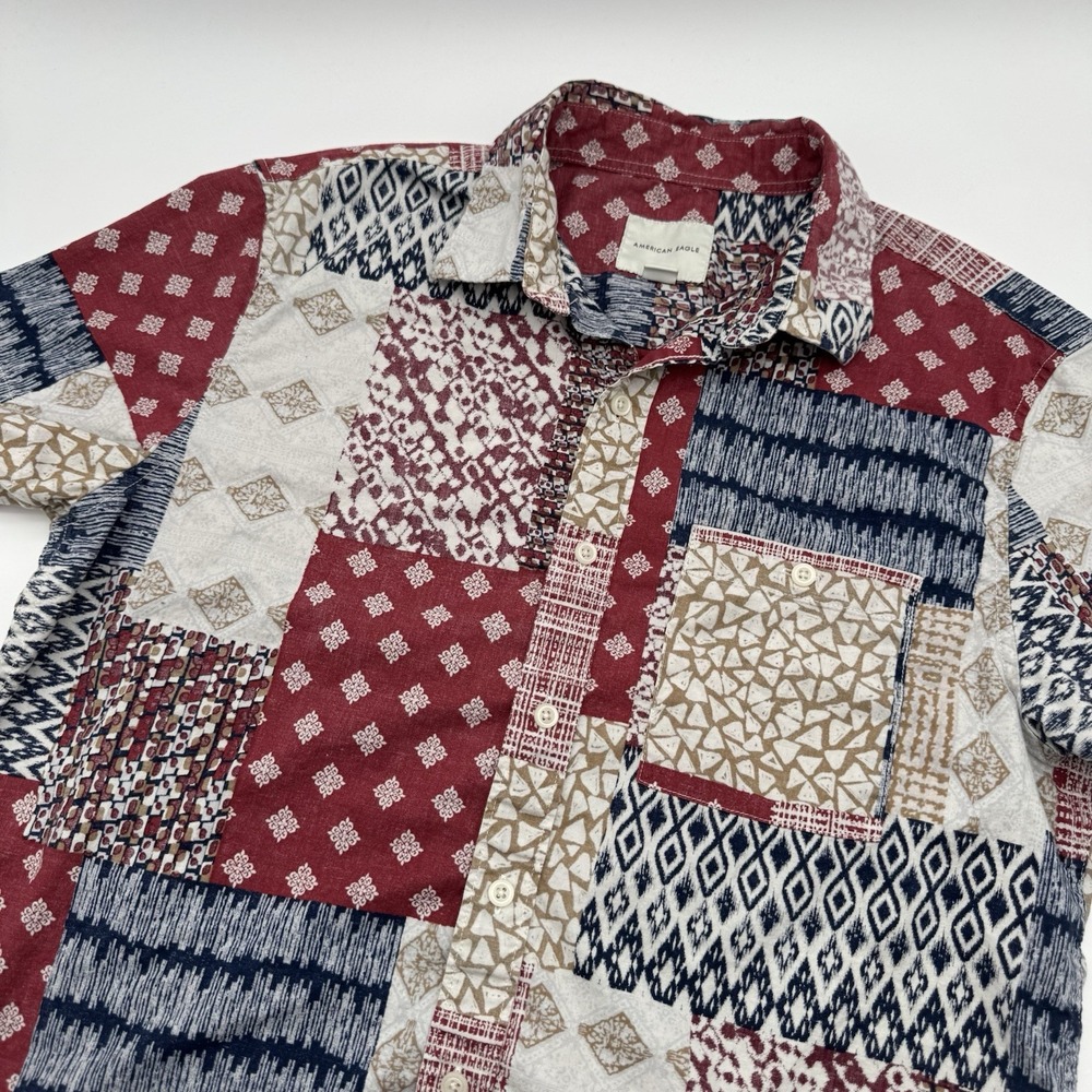 American Eagle Flex Mens M Button Up Shirt Patchwork Print Casual Short Sleeve